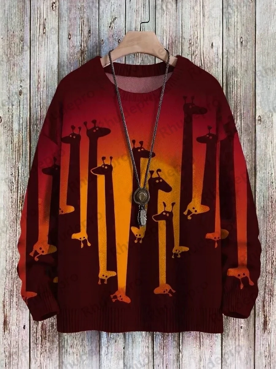 Men's Sweater Cute Cartoon Giraffe Pattern Pullover Print Casual Sweater Roupas Masculinas Turtleneck sweater
