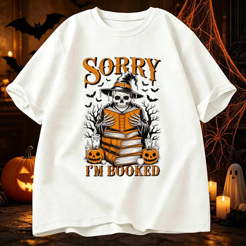Men Summer Casual T Shirt Spooky Halloween Skeleton Book Pumpkin Graphic Print O Neck Short Sleeve Soft Loose Tee Tops For Male