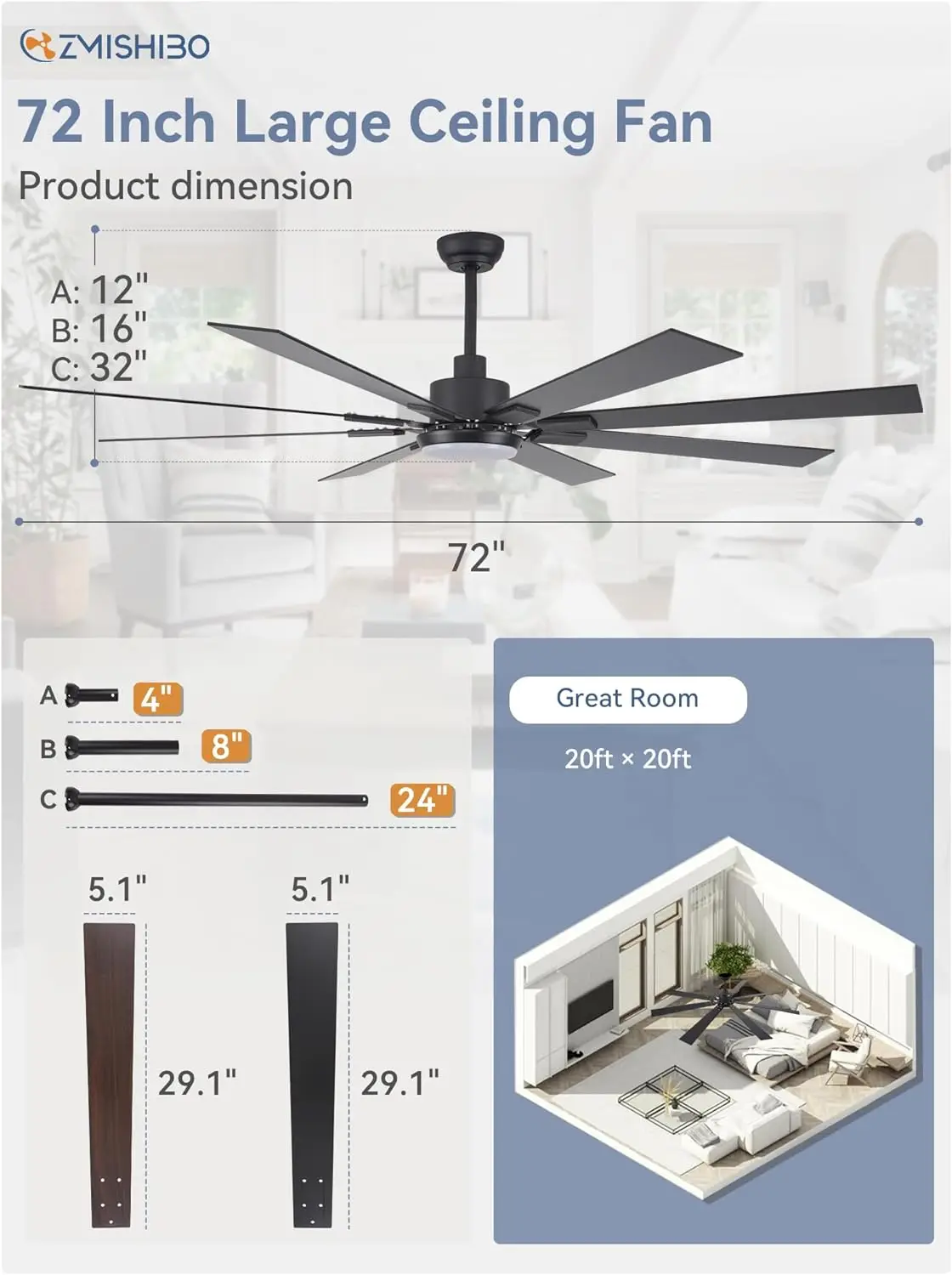 Imagem -03 - Grandes Ventiladores de Teto com Luzes e Controle Remoto Ventilador Moderno Preto para Cozinha Sala de Estar Pátio Interior e Exterior