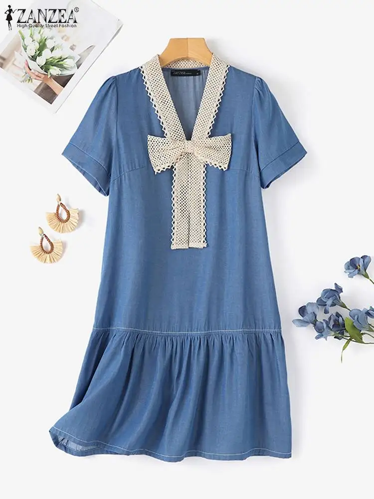Elegant Women Summer Dress ZANZEA New Denim Blue Party Sundress Short Sleeve Ruffles Hem Vestidos Bow Tie Work Robe Femme image 4