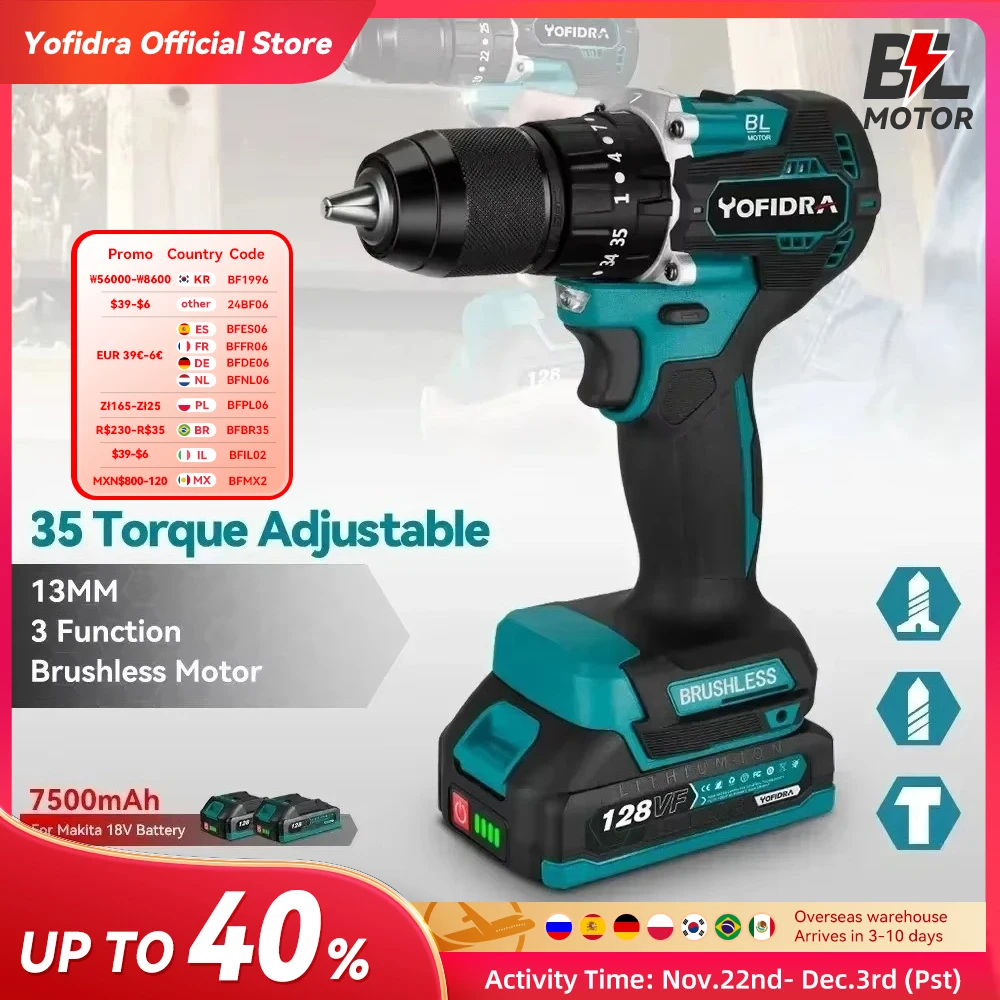 Yofidra 13MM 35+3 Torque Brushless Electric Impact Drill Cordless  Electric Screwdriver DIY Power Tool For Makita 18V Battery