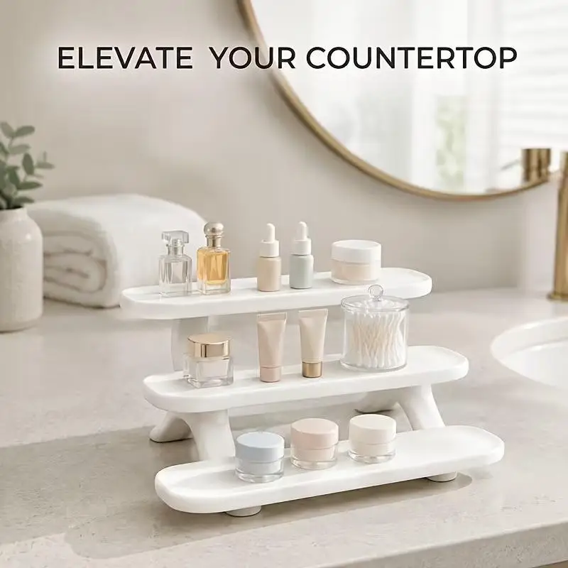 3 Tier Plastic Display Stand Sturdy Build Two Color Choices Perfect For Desktop Cosmetic Small Item Storage