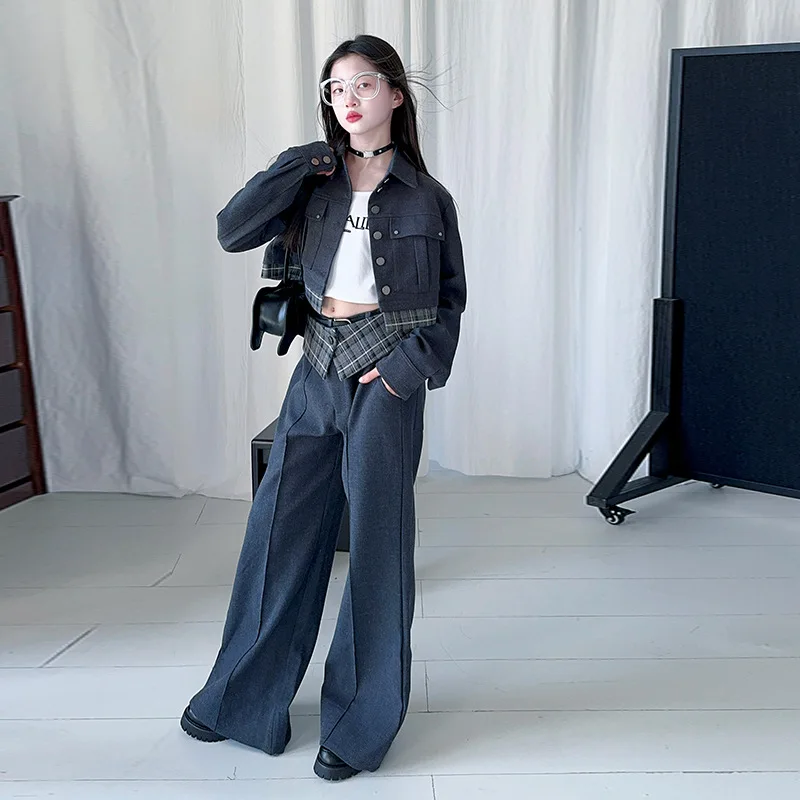 

Autumn Teenager Girls Clothes Set Grid Splicing Short Coat+High Waist Casual Wide Leg Jeans Junior Kid pants Suit Child Outfits