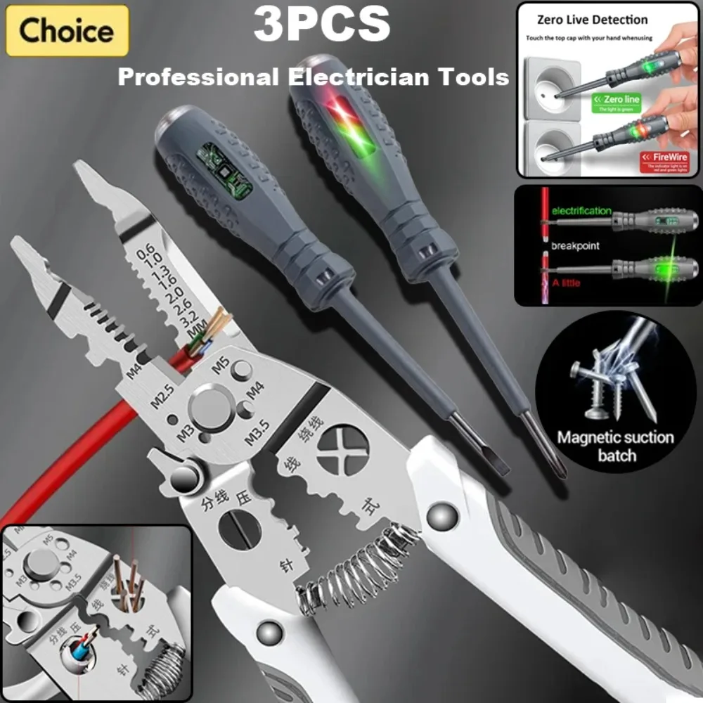 1/2/3pcs Professional Electricians Tester Pen Cable Stripping Multifunction Pliers Screwdriver Wireman Maintenance Tool