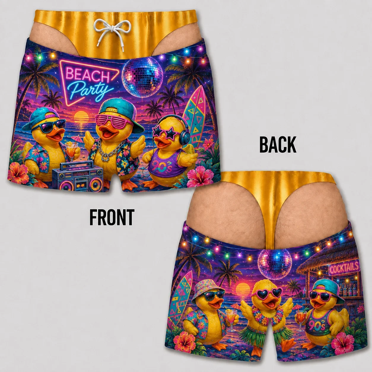 Men Novelty Gag Swim Trunks Back Fake Gold Thong Illusion Print Retro 90s Disco Party Duck Tropical Summer Beach Shorts
