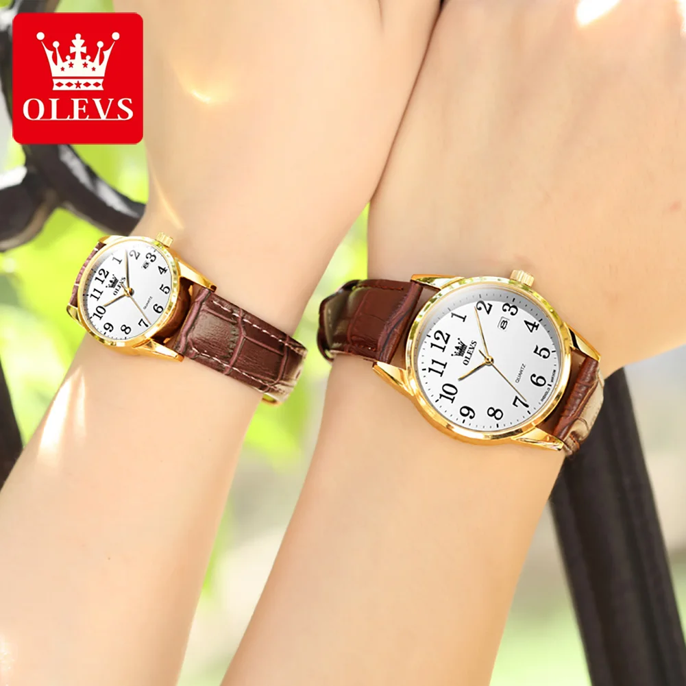 OLEVS 5566 Classic Quartz Couple Watches Original Leather Dress Watch For Men Women Calendar Waterproof Top Brand Hand Clock