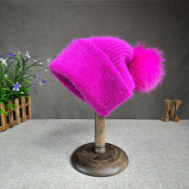 2024 Korean version fox fur ball knitted hat versatile ear protection thickened Angora rabbit fur wool hat fashionable