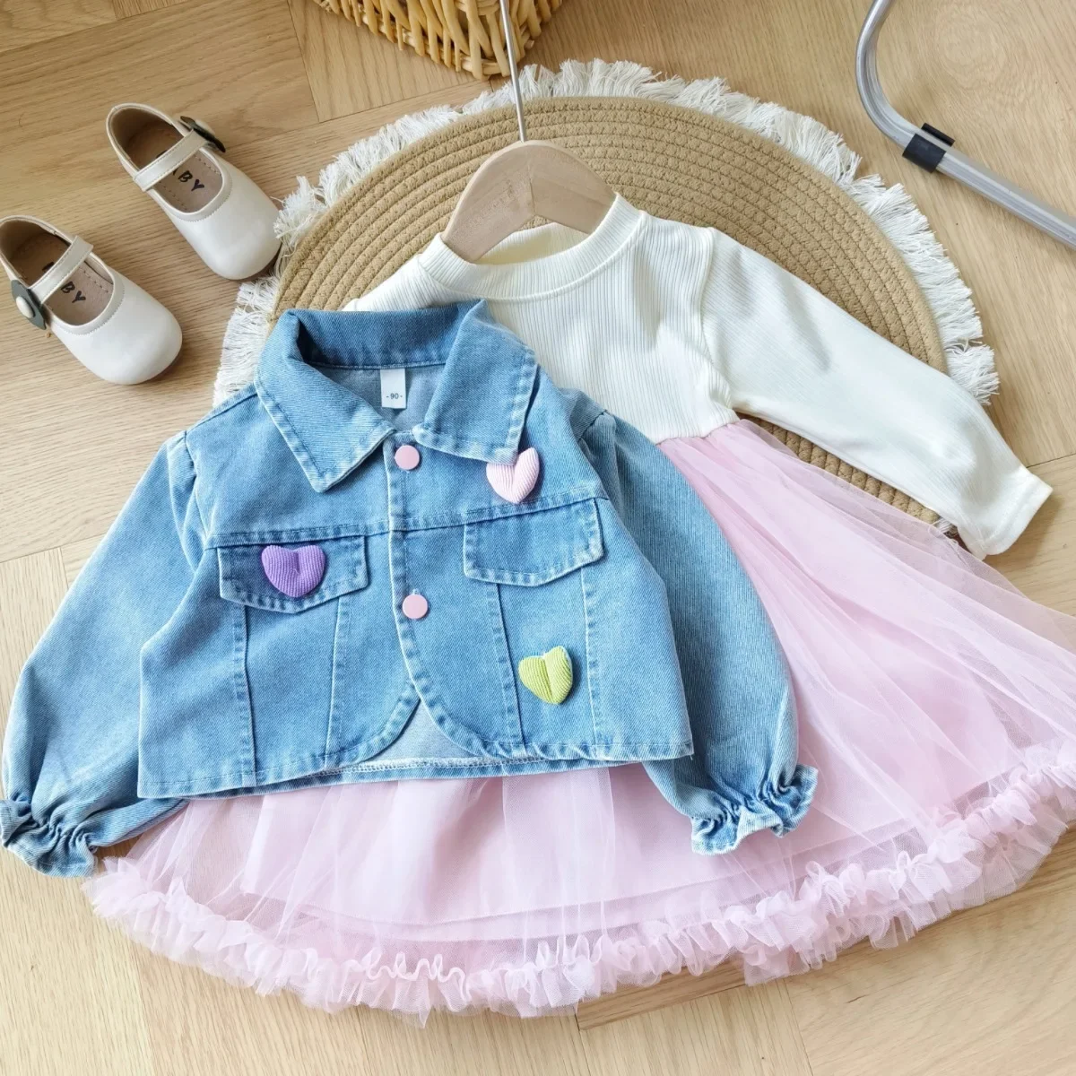 Spring Autumn Girls\' dresses Set: Infant Toddler Mesh Butterfly Bow Dress + Denim Lapel Jacket 2-Piece Ensemble