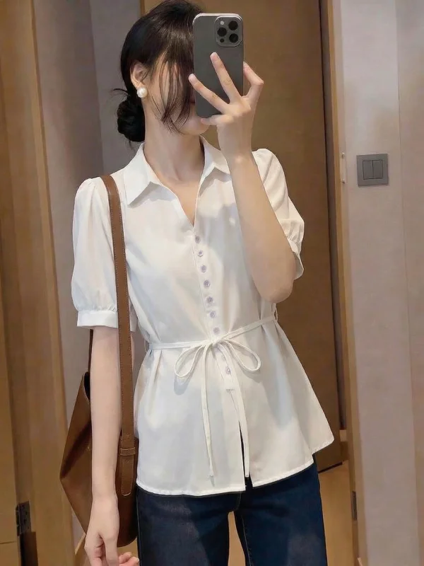 

Elegant White V-Neck Short Sleeve Shirt Women's plus Size Slimming Top Korean Style Commute Fashion Loose Fit Summer New Arrival