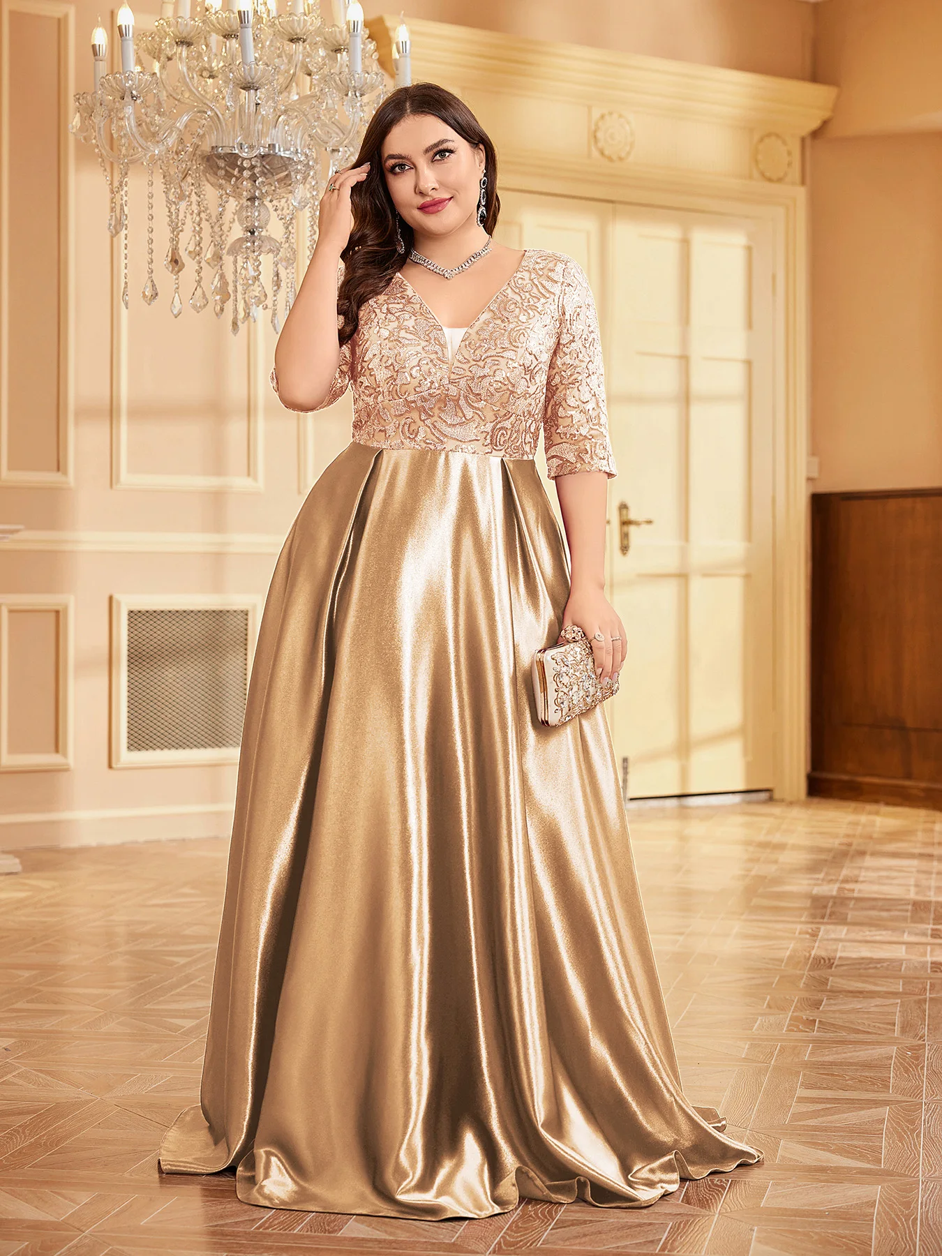 XUIBOL Evening short-sleeve V-neck sequin dress with a luxurious satin skirt and sparkling sequined bodice.