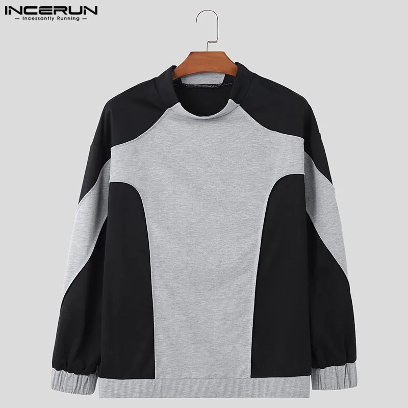 INCERUN Tops 2024 Fashion Men Contrast Deconstruction Design Sweaters Casual Streetwear Male O-neck Long Sleeved Pullovers S-5XL