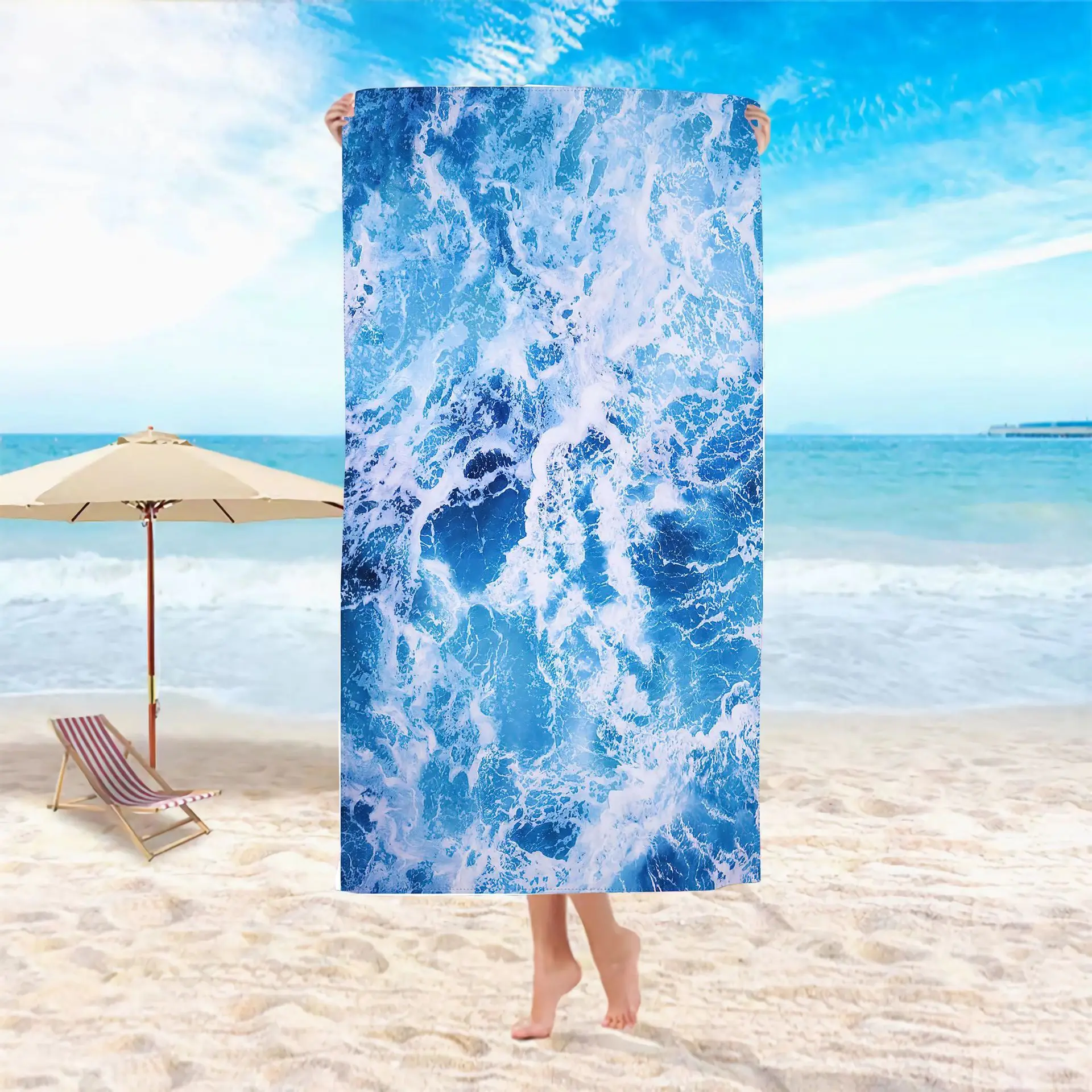 Blue Ocean Wave Texture Beach Towel Abstract Print Quick Dry Absorbent Towel For Beach