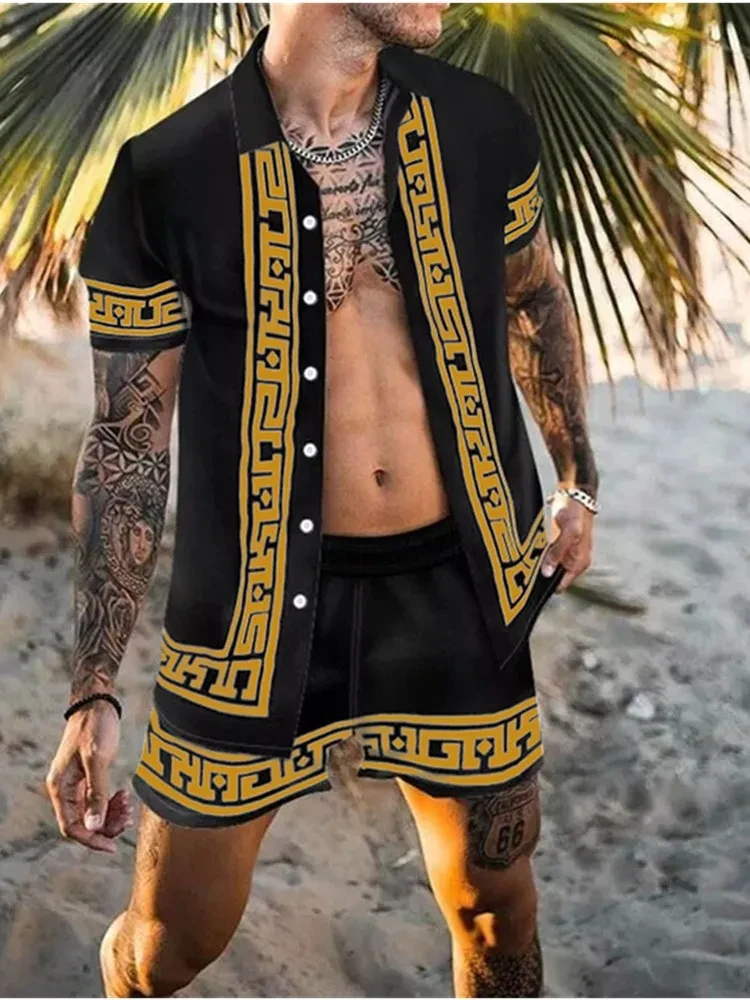 2024 Beach Shirt Set with 3D Printed Patch Collar Short Sleeve Casual Shirt,Oversized Beach Shorts,Summer Street Wear,Hawaiia