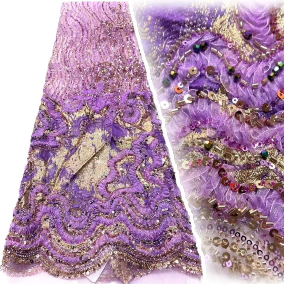 

African Bridal Silk Fabric Embroidered with Applications Sequins and Beads Nigerian French Lace Fabric for Party Gowns SZ1942