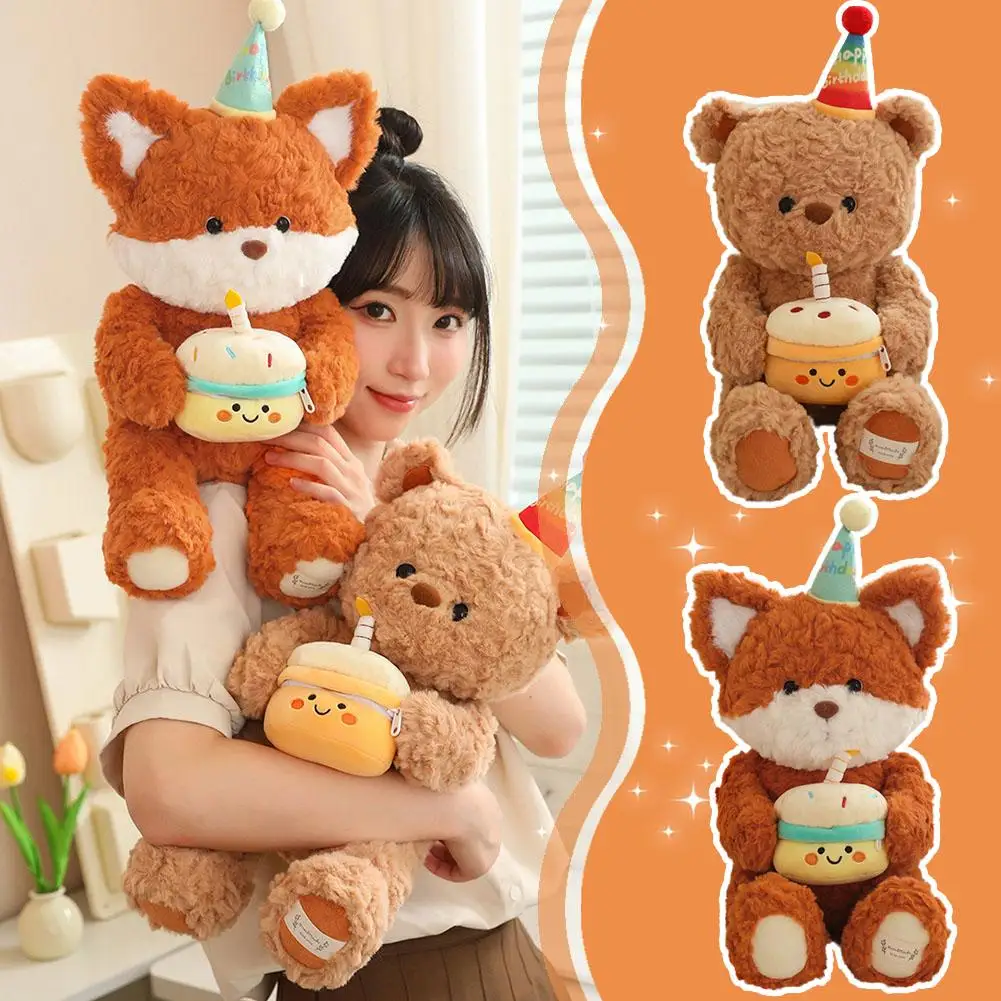 Birthday Hat Cute Bear/fox Doll Doll Kawaii Girl Birthday Bear Gift Super Plush Hug 40cm Creative Party Pillow Hot Toy Cake U7W1