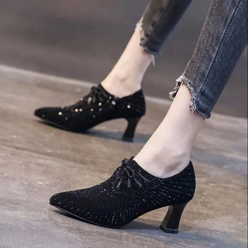 Bow Pointed Toe High Heeled Shoes Women\'s Water Diamond British Style Fashion PU Leather Shoes Deep Mouth Pumps Spring Autumn