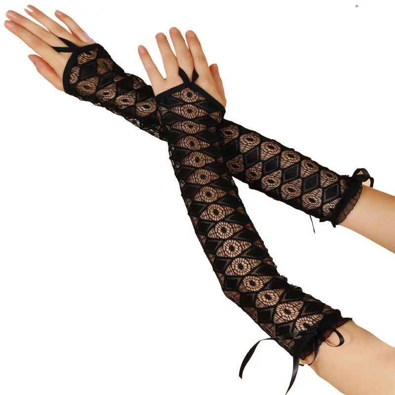 

Halloween gloves Euro-American bridal party ball gloves Hook finger embroidered lace ribbon Black gloves C062-6