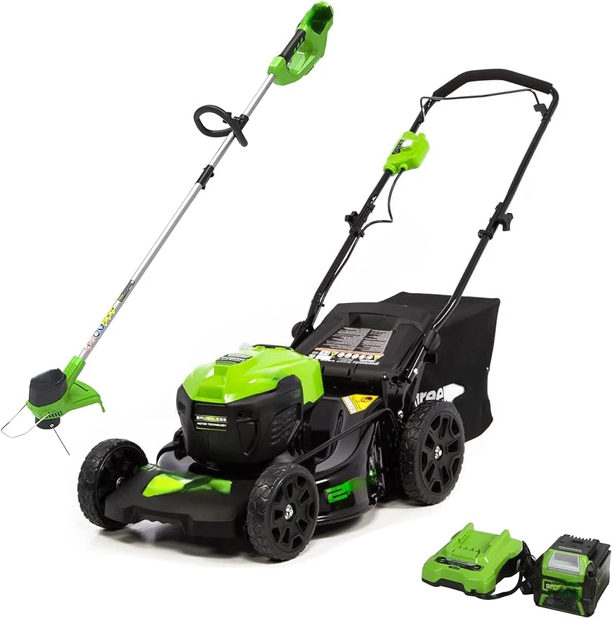 

40V 21" Brushless Cordless Electric Lawn Mower, String Trimmer, 5.0Ah Battery and Charger