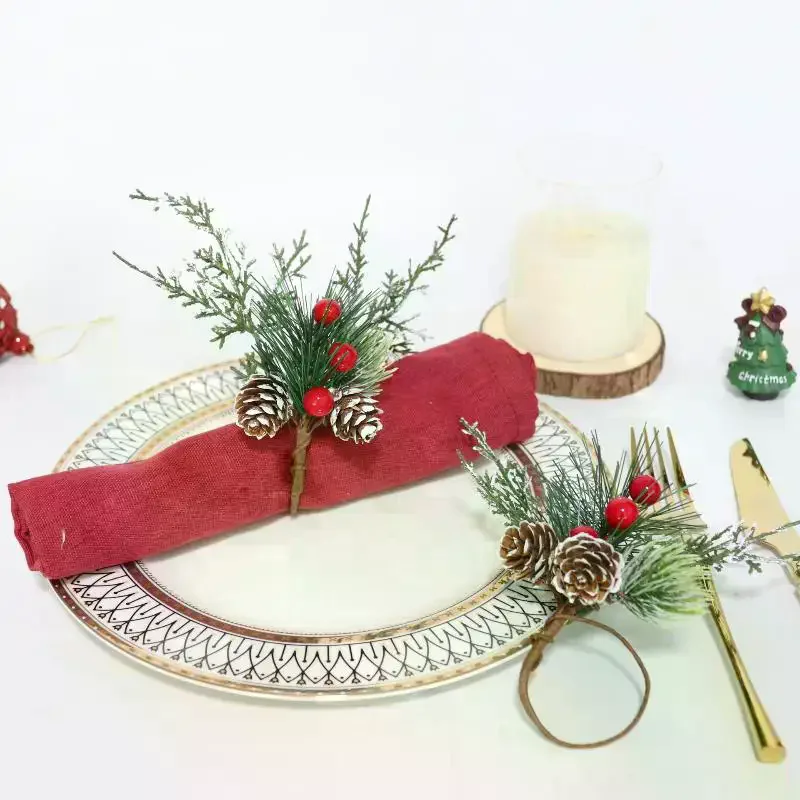 Christmas Cedar Jute Lace Napkin Rings Set Handmade Craft Tableware For Holiday Party Dinner New Year Decorations