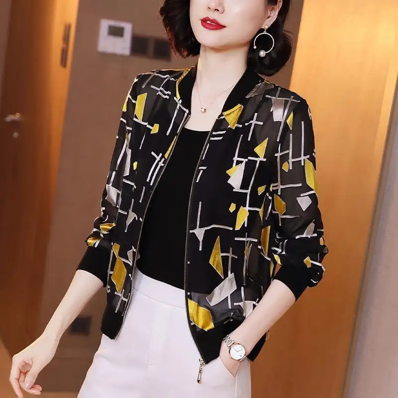 

Woman Elegant Print Chiffon Summer Jacket Oversize Female Thin Sun Protection Cardigan Long Sleeve Bomber Outerwear Coats G405