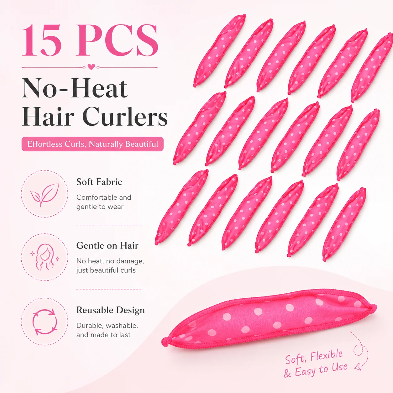 15pcs Sponge Hair Rollers Soft Curlers for Sleep No Heat Overnight Styling