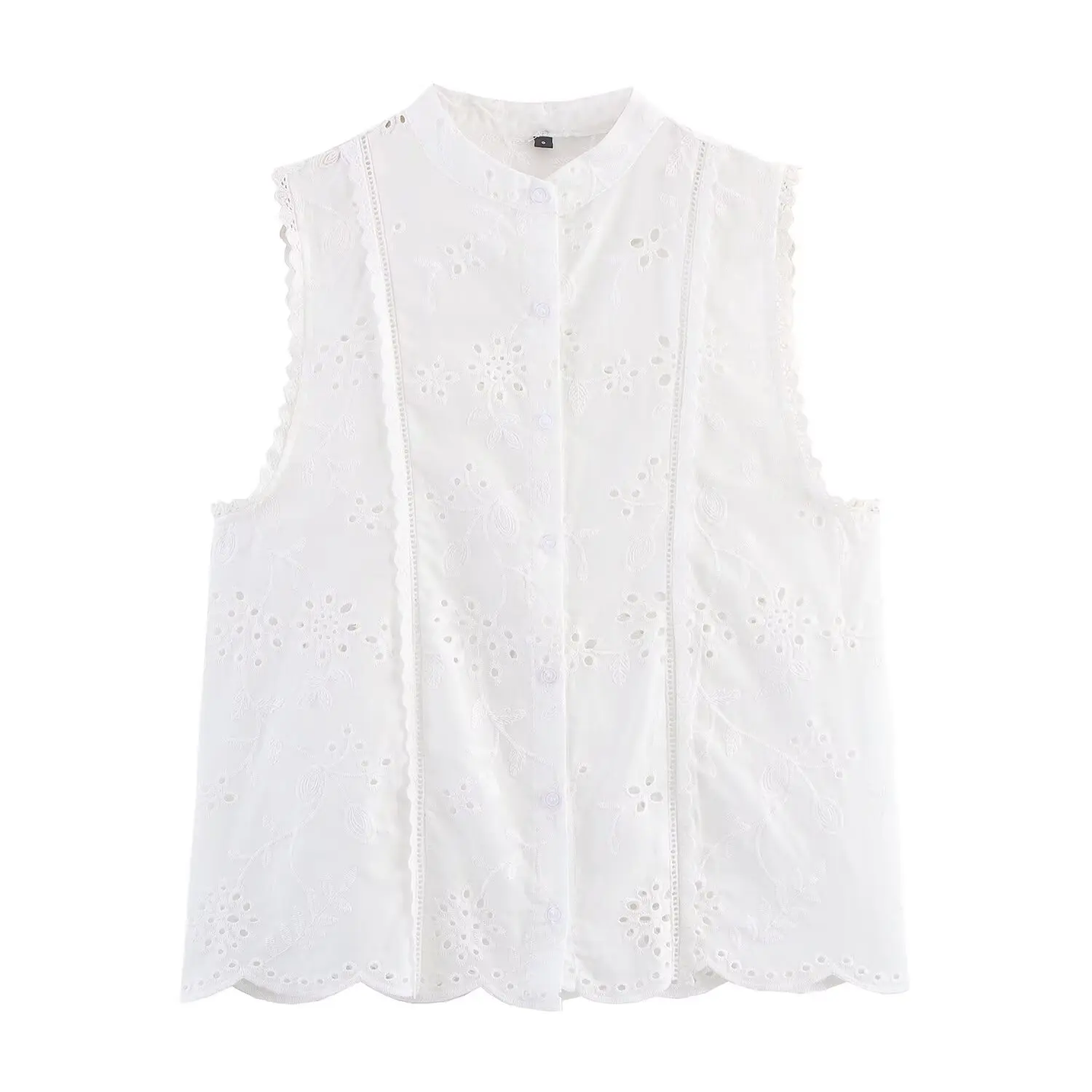 

Topenomi Hollow Out Embroidery White Shirt Women Summer Simple Button Up Sleeveless Crop Top Vintage Fashion Versatile Blouse