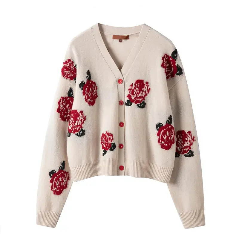 aliaga autumn winter trendy rose flower jacquard luxury 100% cashmere cardigan women