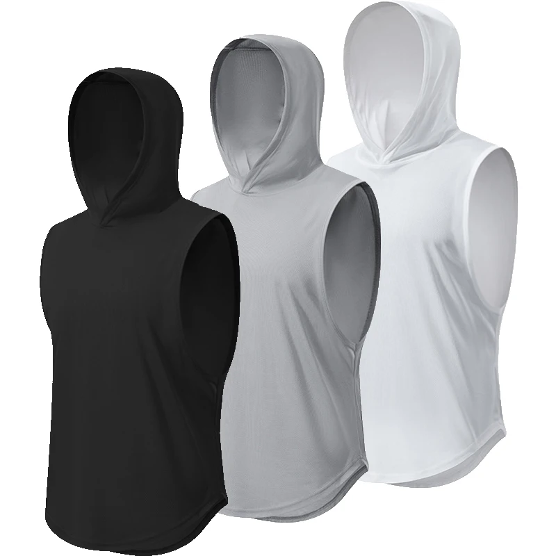 3pcs Plain Running Hooded Vests Mens Fitness Tank Top Summer Muslce Hoodies Shirt Cotton Bodybuilding Sleeveless Workout Singlet