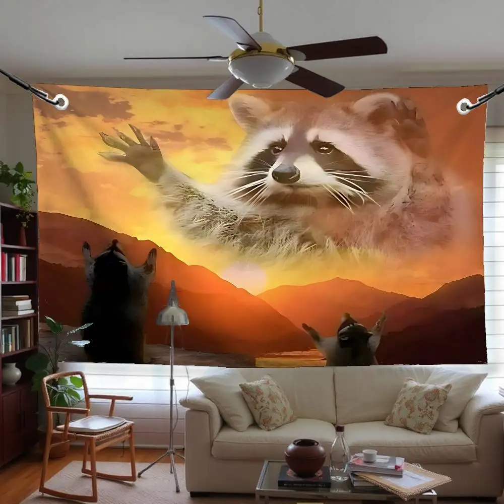

Interesting Vibrant Raccoon Sunset Flag Tapestry Funny Banner For College Dorm Room Bedroom Outdoor Living Room Wall Decor Party