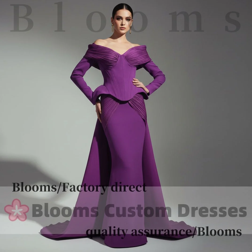 

Customized Purple Off Shoulder Pleated Long Sleeve Prom Gown Corset Mermaid Evening Dresses 2026 Gorgeous Party Dress