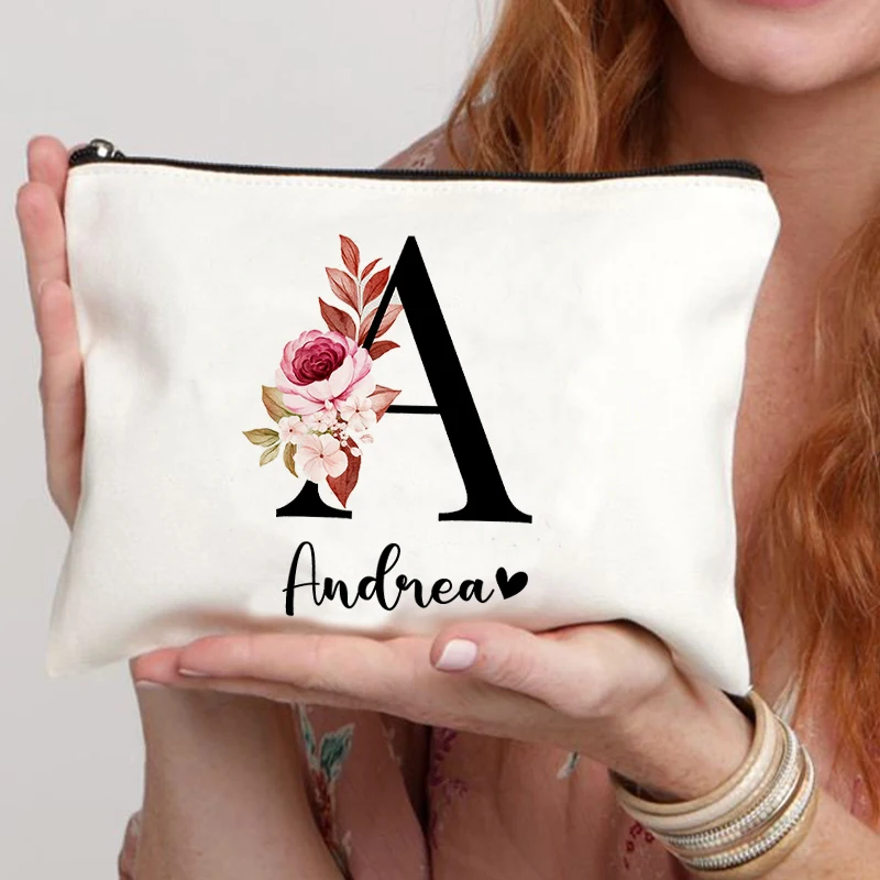 Custom Name Floral Letters Cosmetic Bag Wedding Bridesmaid Gifts Handbag Eco Canvas Makeup Bag for Ladies Women Toilet Pouch