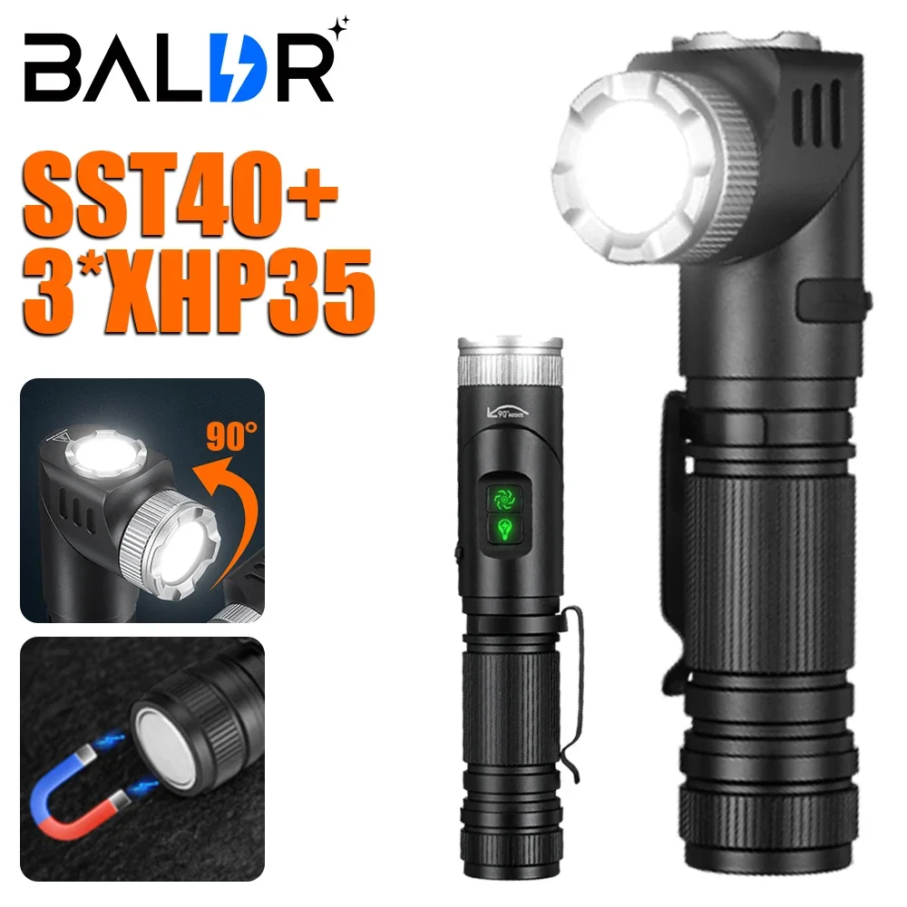 

BALDR 1500LM SST40 Powerful LED Flashlight 90° Rotatable USB Rechargeable Magnet Torch EDC Work Light Emergency Camping Lantern