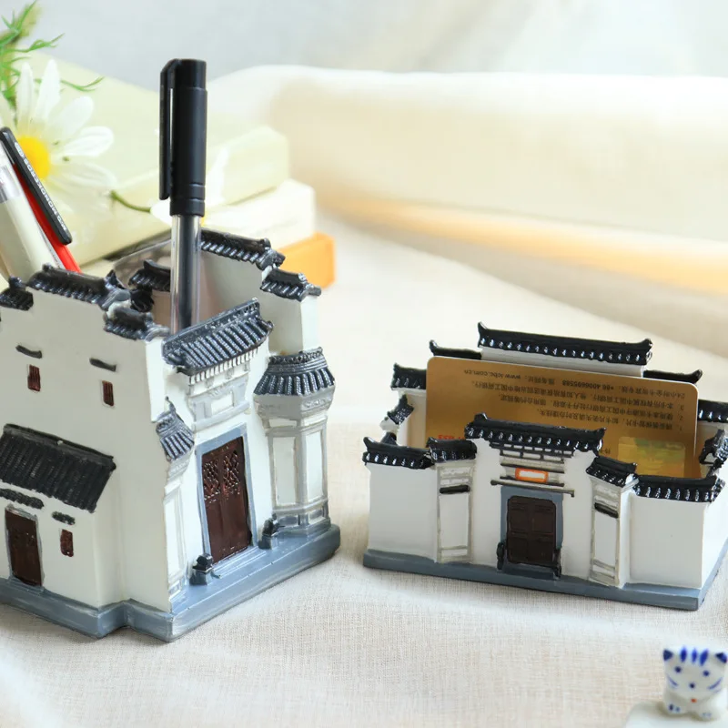 

Chinese Architecture Geometric Pen Holder, Business Card Holder, Office Ornaments, Chinese Gift