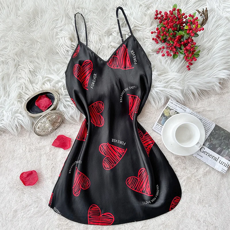 Slip Dress Women Love Summer Nightdress Imitation Silk Sexy Backless Nightdress Girls Pajamas Black Home Wear Heart Pattern