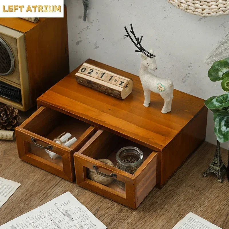 Wooden Drawer Storage Box Computer Monitor Office Desktop  Increased Shelf Cabinet Dressing Table Organizer
