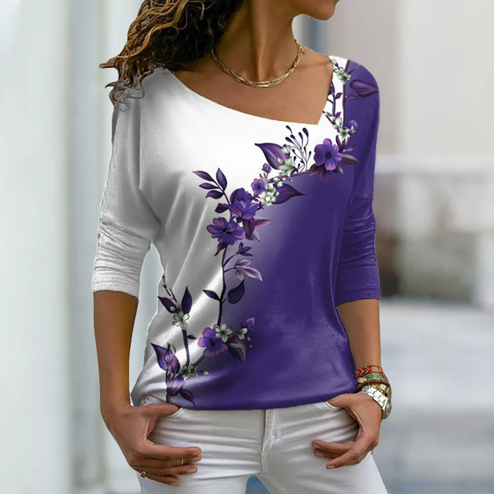 Hot S femmes v-ne fleur T-shirt Long Sve haut CleanFit H Version mi-année hiver lin matériel autres matériaux