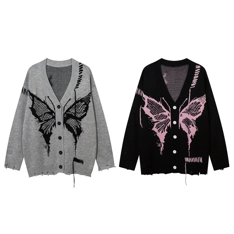 Matakawa-suéteres con estampado de mariposa para Mujer, cárdigans con cuello en V, suéter con borlas de estilo japonés, moda de otoño e invierno, Y2k