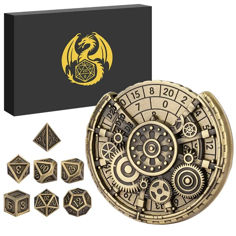 

7pcs/set Metal Polyhedral Dices with Gear Spinner 7-in-1 Dice Turnable Rotating Roller for Role Play Game Accessory Wedding Set