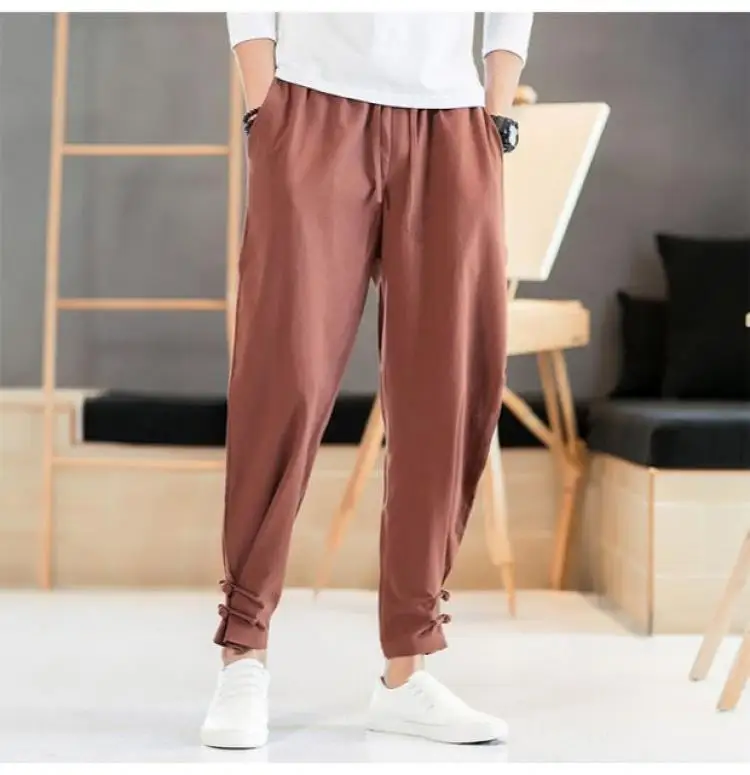 Retro Chinese Style Cotton and Linen Trousers for Men Loose Buckles Tying Feet Harun Casual Pants