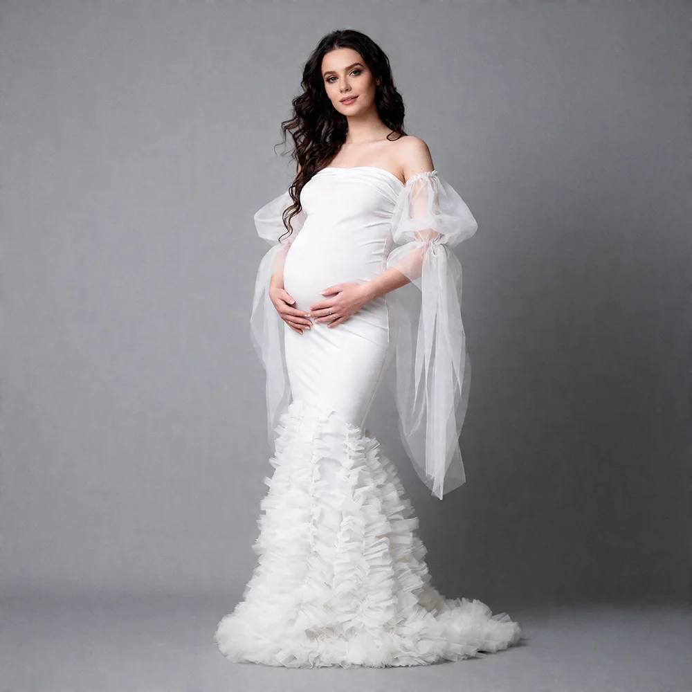 

White Mermaid Ruffle Maternity Dress Elegant Fishtail Pregnancy Gown for Photoshoot Fishtail Photography Gown Custom Dresses
