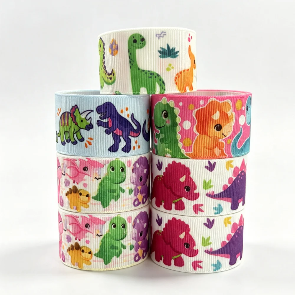 50yards Cartoon Dinosaur Printed Grosgrain Ribbon Cute Dino Pattern Ribbon DIY Hair Bows Gift Wrapping Kids Party Craft Sewing