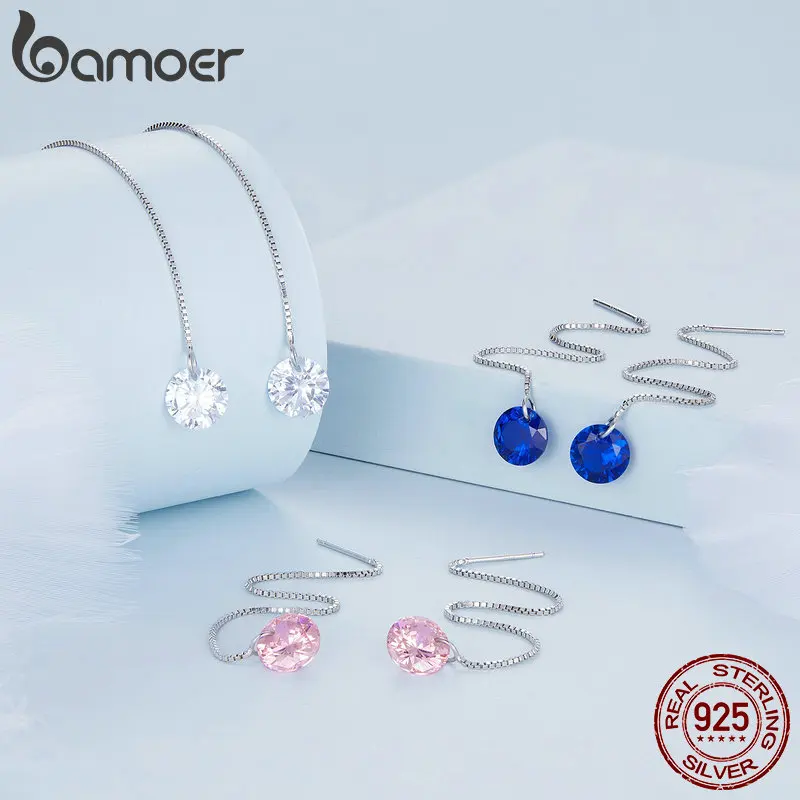 Bamoer 925 Sterling Silver Pink Blue Zircon Drop Dangle Ear Threads Long Tassel Earrings for Women Engagement Gift