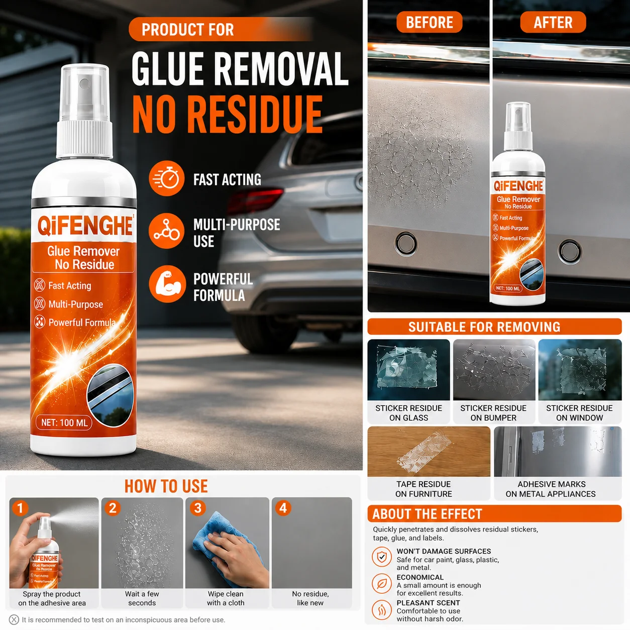 QIFENGHE 100ml Adhesive Remover Spray, Sticker & Glue Residue Cleaner, Multi-purpose Sticky Tape Remover with Scraper for Car Ho