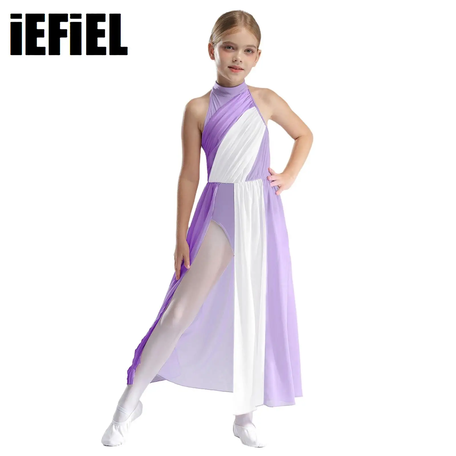 

Kids Girls Keyhole Back Split Dress Color Block Mock Neck Sleeveless Dress for Modern Lyrical Dance Performance