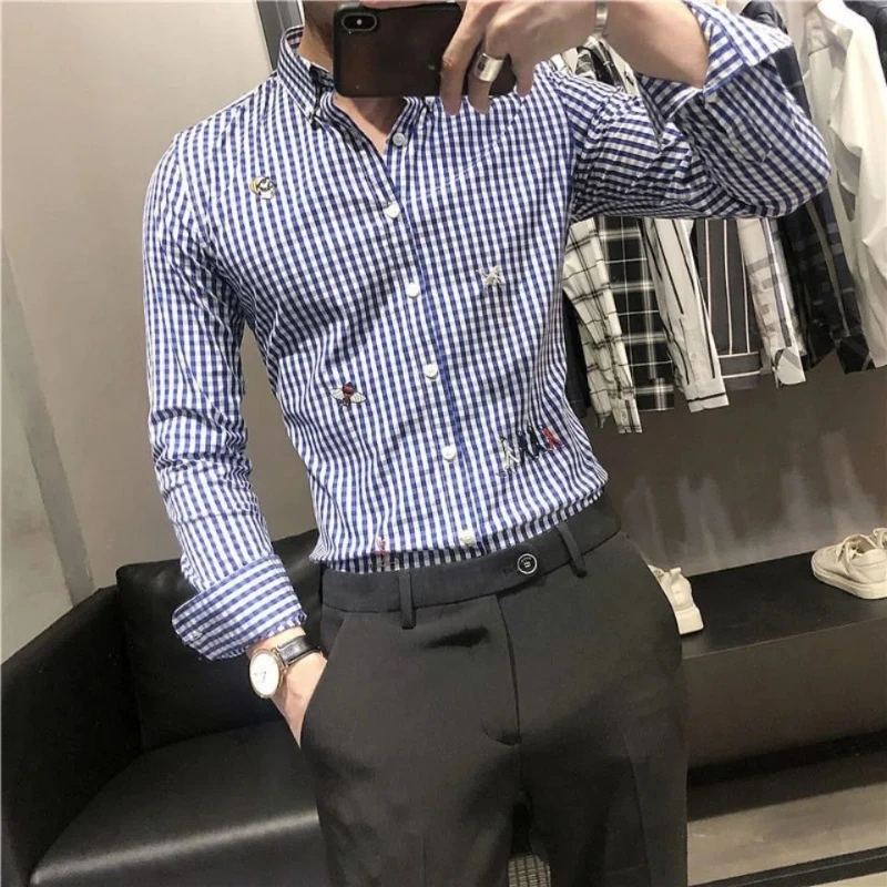 Korean Fashion Men Clothing New Shirts Spring Autumn Lapel Plaid Embroid Streetwear Casual Single Breasted Long Sleeve Slim Tops