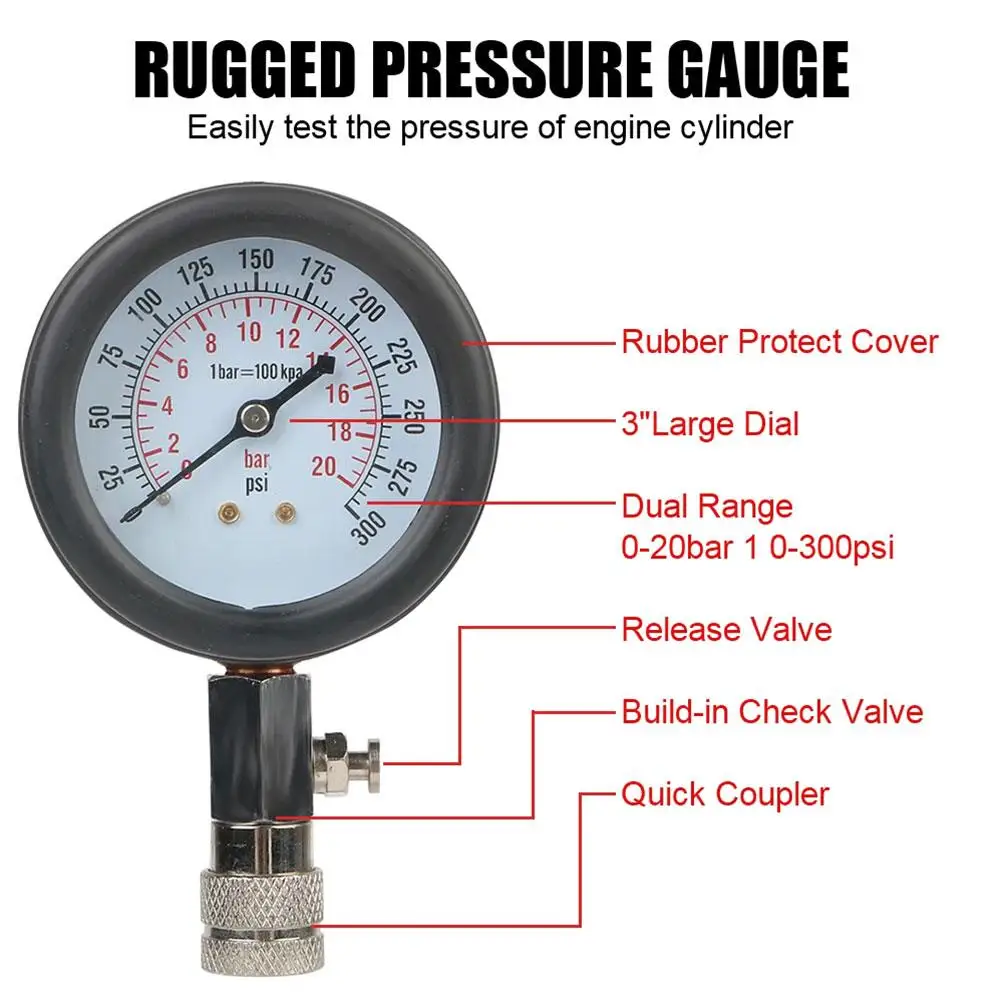 Car Cylinder Tester Kit Gasoline Engine Compression Meter 0-300 PSI Pressure Gauge With M10 M12 M14 M18 Adapter