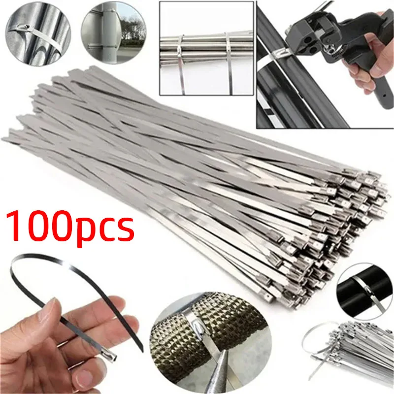 

100pcs Stainless Steel Cable Ties 150-300mm Self-locking Metal Wire Ties Outdoor High Temperature Resistant Binding Cable Ties