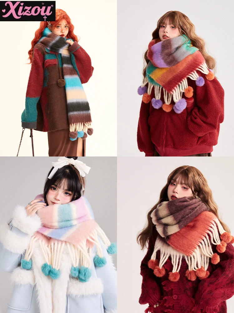 

Japanese sweet versatile dopamine scarf women's autumn and winter new soft waxy color striped hairball warm scarf shawl