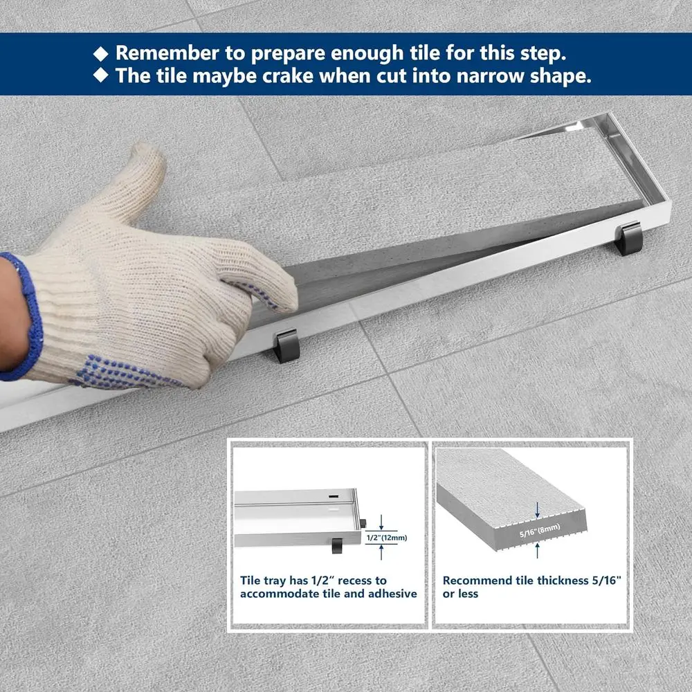 24-Inch Linear Shower Drain with Tile Insert, Brushed Stainless Steel, Recessed Side Outlet, Adjustable Leveling Foot, Hair Stra