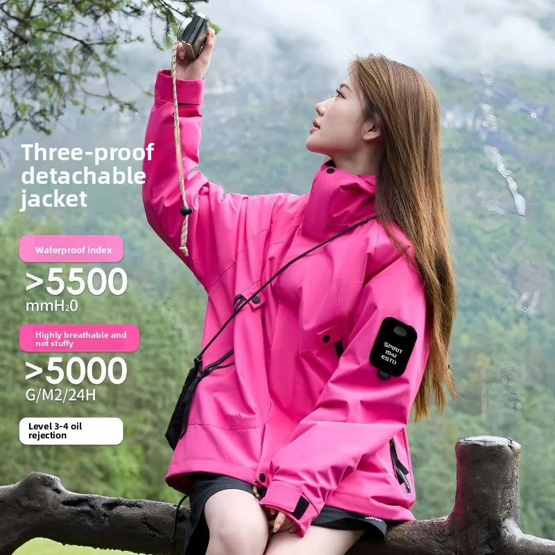 

Women Men 3-in-1 Waterproof Windproof Jacket, Spring Autumn Hiking Coat, Outdoor Couple's Trekking Raincoat